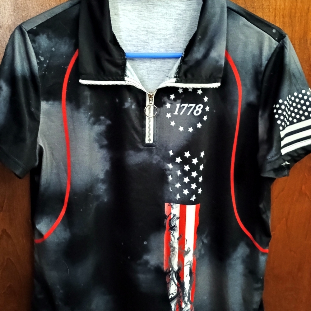 Black and Red Athletic Top with Patriotic Graphics